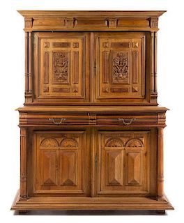 A French Provincial Stepback Cupboard Height 72 1/2 x width 57 x depth 20 3/4 inches.