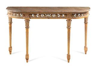 * A Louis XVI Style Console Table, Trouvailles Height 32 3/4 x width 55 x depth 16 1/2 inches.