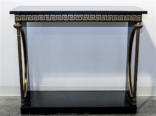 A Neoclassical Style Ebonized and Parcel Gilt Console Table Height 33 1/2 x width 40 x depth 15 inches.