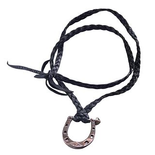 Ralph Lauren Sterling Silver Horseshoe Pendant Black Leather Cord Necklace