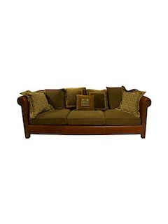 * A Leather and Cloth Upholstered Sofa Height 36 inches.