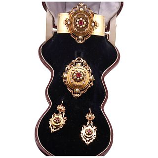 Antique Georgian Gold Pearl Ruby Enamel Bracelet Earrings Brooch Suite