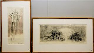 Virginia A. Myers, (American, b. 1927), four works (3 engravings, 1 etching) titled: Johnson Country, Iowa, The Ghost Elm, Fr