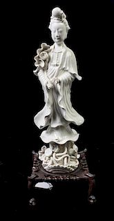 * A Chinese Blanc de Chine Porcelain Figure of Guanyin Height of figure 14 inches.