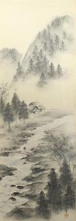 * A Japanese Painting on Silk Height 54 x 21 1/2 inches (framed).