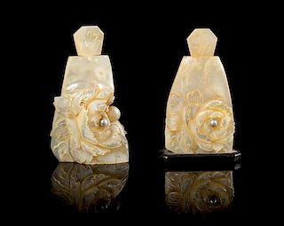 A Near Pair of Mother-of-Pearl Snuff Bottles Height of taller 3 1/4 inches.