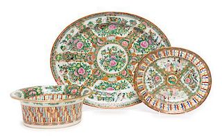 A Group of Three Chinese Export Rose Medallion Porcelain Articles Length of serving platter 18 3/8 inches.