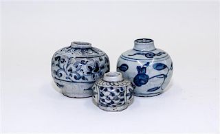* Three Small Blue and White Porcelain Jars. Height of tallest 3 1/2 inches.
