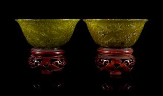 * A Pair of Jade Bowls with Stands. Diameter 4 1/8 inches.