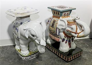 * Two Southeast Asian Polychrome Enameled Porcelain Elephant Form Garden Seats Height of each approximately 22 1/4 inches.