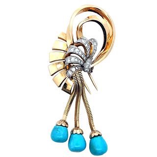 Retro 18kt Gold Brooch with Diamonds and Turquoises