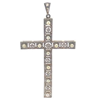 Atique 18kt Gold and Platinum Cross with Diamonds and Pearls