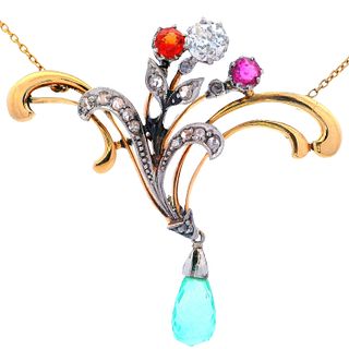18kt Gold and Platinum Pendant Necklace with Diamonds and Gemstones