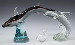 (3)MURANO ART GLASS SHARK, DOLPHIN & FISH