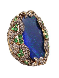 Wendy Yue Sculptural Ring In 18Kt Gold With 28.92 Ctw Black Opal Diamonds And Tsavorites