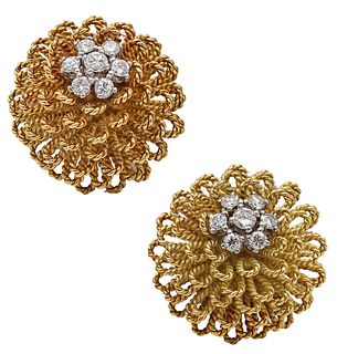 Italian Retro 1960 Modern Clips Earrings In 18kT Gold And Platinum With VS Diamonds