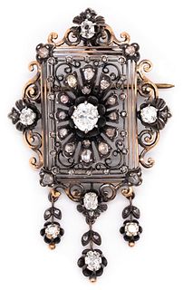 Georgian Victorian 1840 Pendant Brooch In 14Kt Gold With 4.58 Cts In Rose Cut Diamonds