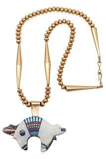 Julian Arviso Navajo Native American Necklace Pendant In 14Kt Gold With Gemstones