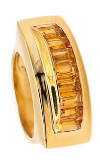 Art Deco 1940 American Geometric Tank Ring In 18Kt Yellow Gold With 4.5 Cts Of Caliber Citrines