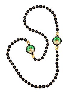 Gumps Chinoiserie Onyx Long Necklace Sautoir In 18Kt Gold With Jade And Diamonds