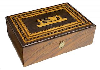 INLAID MARQUETRY MAHOGANY BOX WITH FIGURAL SCENE