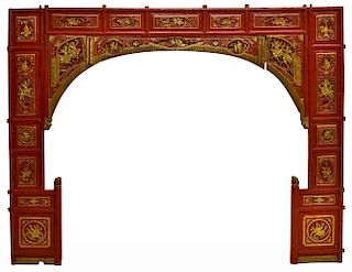 (3)CHINESE RED LACQUER GILDED ARCHITECTURAL PANELS