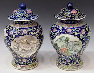 (2) CHINESE FAMILLE-ROSE TEMPLE JARS WITH LIDS