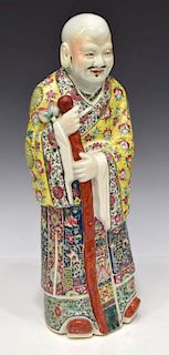 CHINESE PORCELAIN FIGURE, MAN WITH STAFF, 17"H