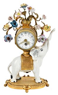 French Gilt Bronze and Porcelain Elephant Clock