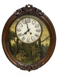 FRENCH TIME & STRIKE PAINTED WALL CLOCK, 19TH C.