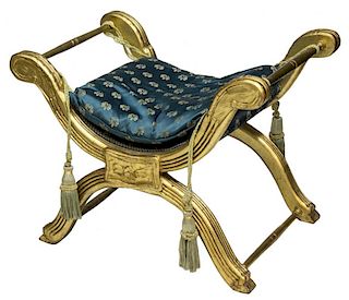 CARVED AND GILT WOOD CURULE BENCH WINDOW SEAT