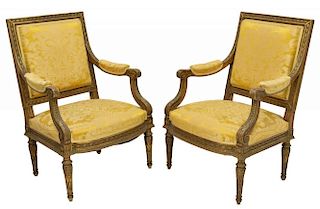 (PAIR) FRENCH LOUIS XVI STYLE CARVED ARM CHAIRS