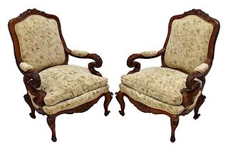 (2) LOUIS XV STYLE CARVED OPEN ARMCHAIRS, 20TH C