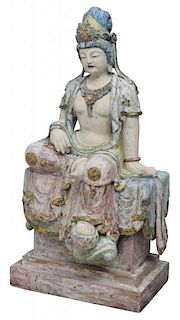 LARGE CHINESE CARVED WOOD FIGURE, GUAN YIN