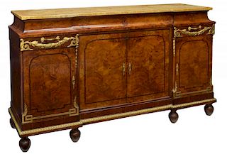 FRENCH EMPIRE STYLE BURLWOOD & MARBLE SIDEBOARD