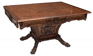 FRENCH PARQUETRY INLAID CARVED DINING TABLE