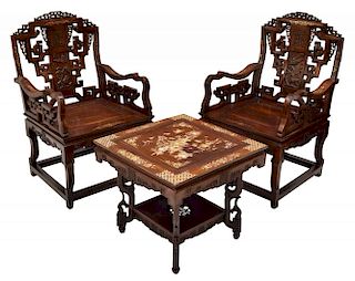 (3) CHINESE ROSEWOOD & MOP CHAIR & TABLE SUITE