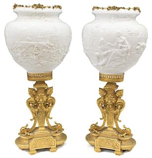 (2) ITALIAN TICHE GILDED BRONZE PORCELAIN LAMPS