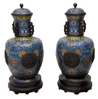 (2) CHINESE CLOISONNE ENAMEL COVERED PALACE URNS