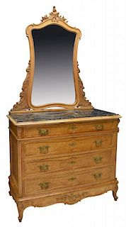 LOUIS XV STYLE BIRDSEYE MAPLE COMMODE WITH MIRROR