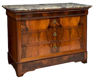 CHARLES X STYLE BURR WALNUT MARBLE TOP COMMODE