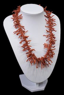 LADIES RED CORAL BRANCH & SILVER BEADED NECKLACE