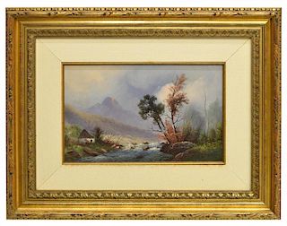 FRAMED PAINTING, COTTAGE & ROARING STREAM
