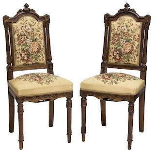 (2) VICTORIAN CARVED SIDE CHAIRS WITH NEEDLEPOINT
