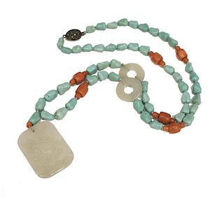 CHINESE TURQUOISE, CORAL & STONE LONG NECKLACE