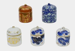 (5) CHINESE PAINTED PORCELAIN JARS, INTERIOR CUPS