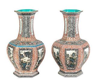 A Pair of Chinese Polychrome Enamel Porcelain Vases, Height 21 3/4 inches.