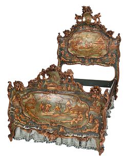 Venetian Rococo Style Green Painted and Parcel Gilt Bed