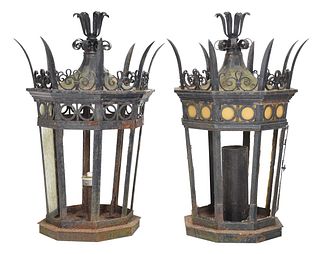 Pair of Monumental Iron and Glass Lanterns