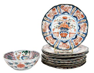Nine Chinese Export Imari Plates and One Japanese Bowl